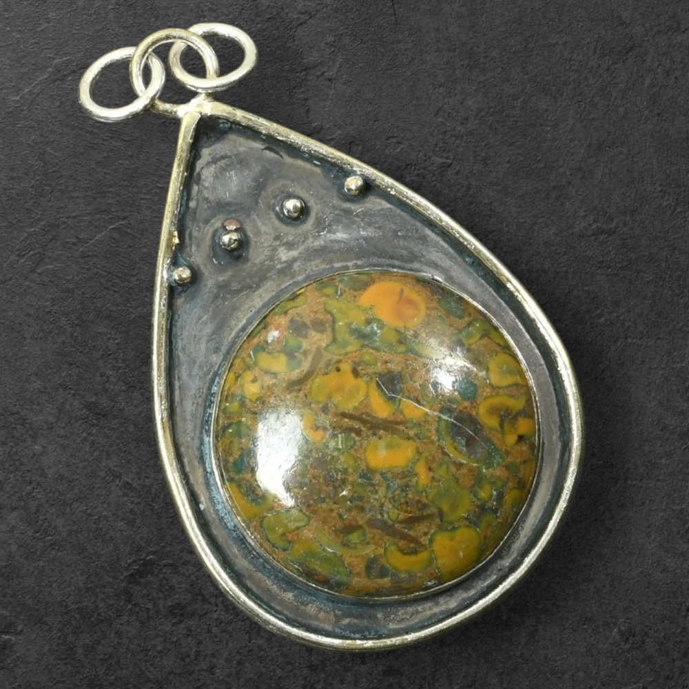 Artisan FRUIT JASPER Teardrop Pendant with Green and Yellow Hand Crafted #9140 - Picture 7 of 15